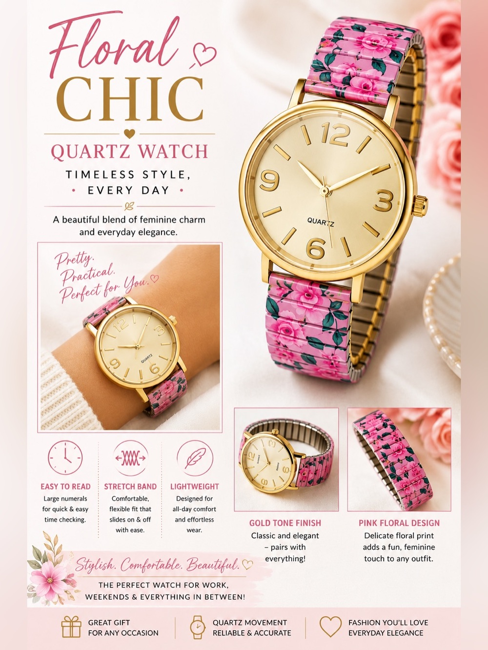 Floral Chic Pink Quartz Watch with Gold Tone Case